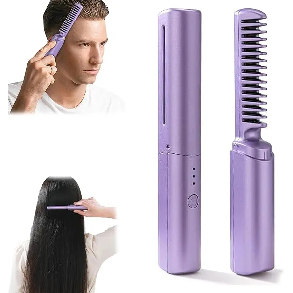 Rechargeable Mini Hair Straightener,2 in 1 Professional Lazy Portable USB Wireless Hair Straightener Comb, Three-Temperature Adjustment Hair Straightener, Anti-Scald Hair Straightener Comb